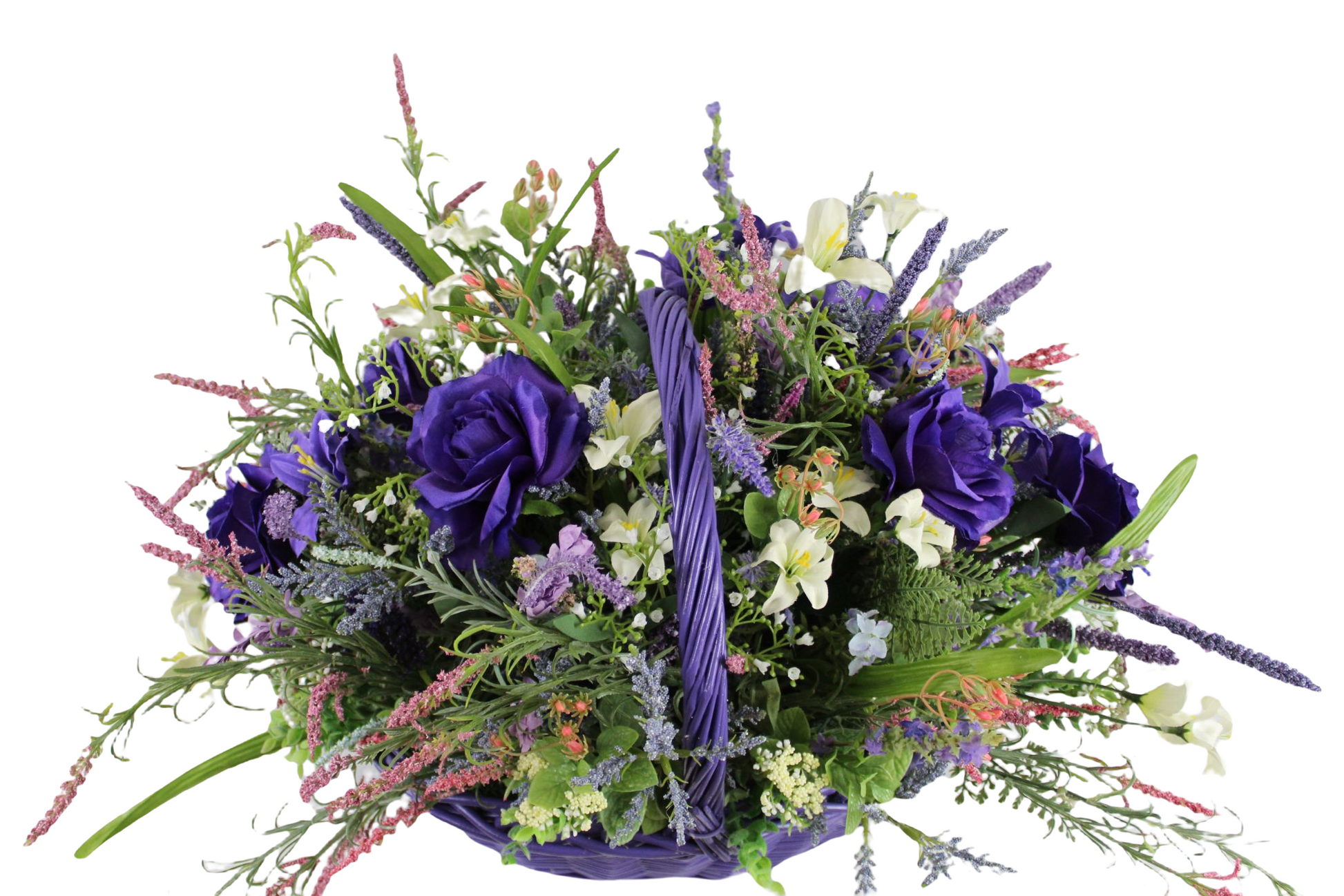 Unique Purple floral arrangement with purple roses and all kind of purple, yellow and pink bunches. (W:9"; L:12"; H:19")