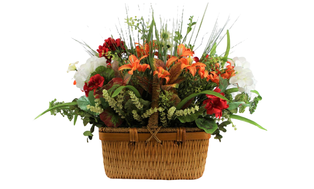 Amaryllis flower arrangement with different exotic flowers inside a natural color basket. (W:8"; H:21"; L:11").