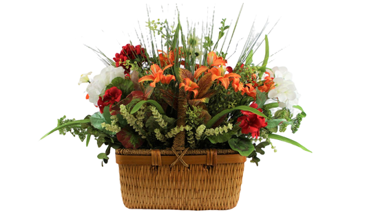 Amaryllis flower arrangement with different exotic flowers inside a natural color basket. (W:8"; H:21"; L:11").