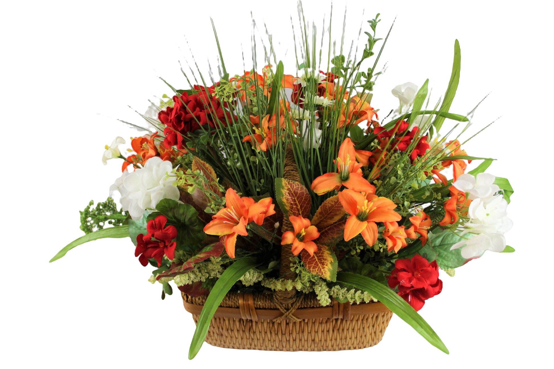 Amaryllis flower arrangement with different exotic flowers inside a natural color basket. (W:8"; H:21"; L:11").