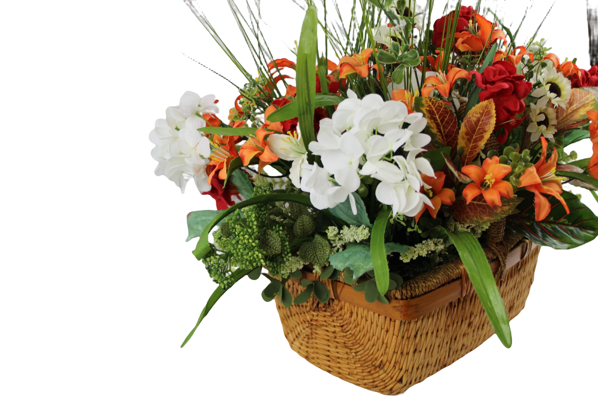 Amaryllis flower arrangement with different exotic flowers inside a natural color basket. (W:8"; H:21"; L:11").