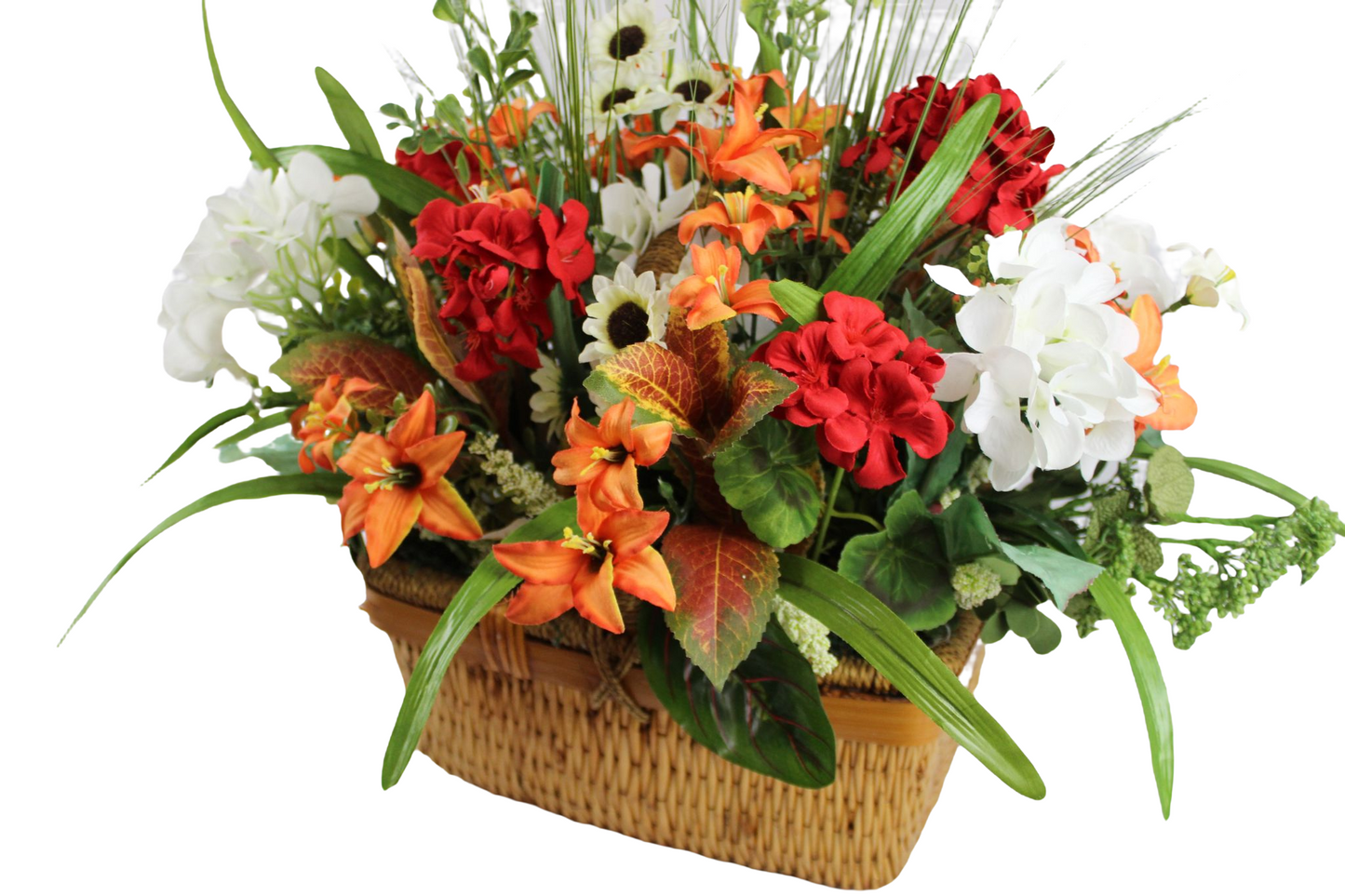 Amaryllis flower arrangement with different exotic flowers inside a natural color basket. (W:8"; H:21"; L:11").