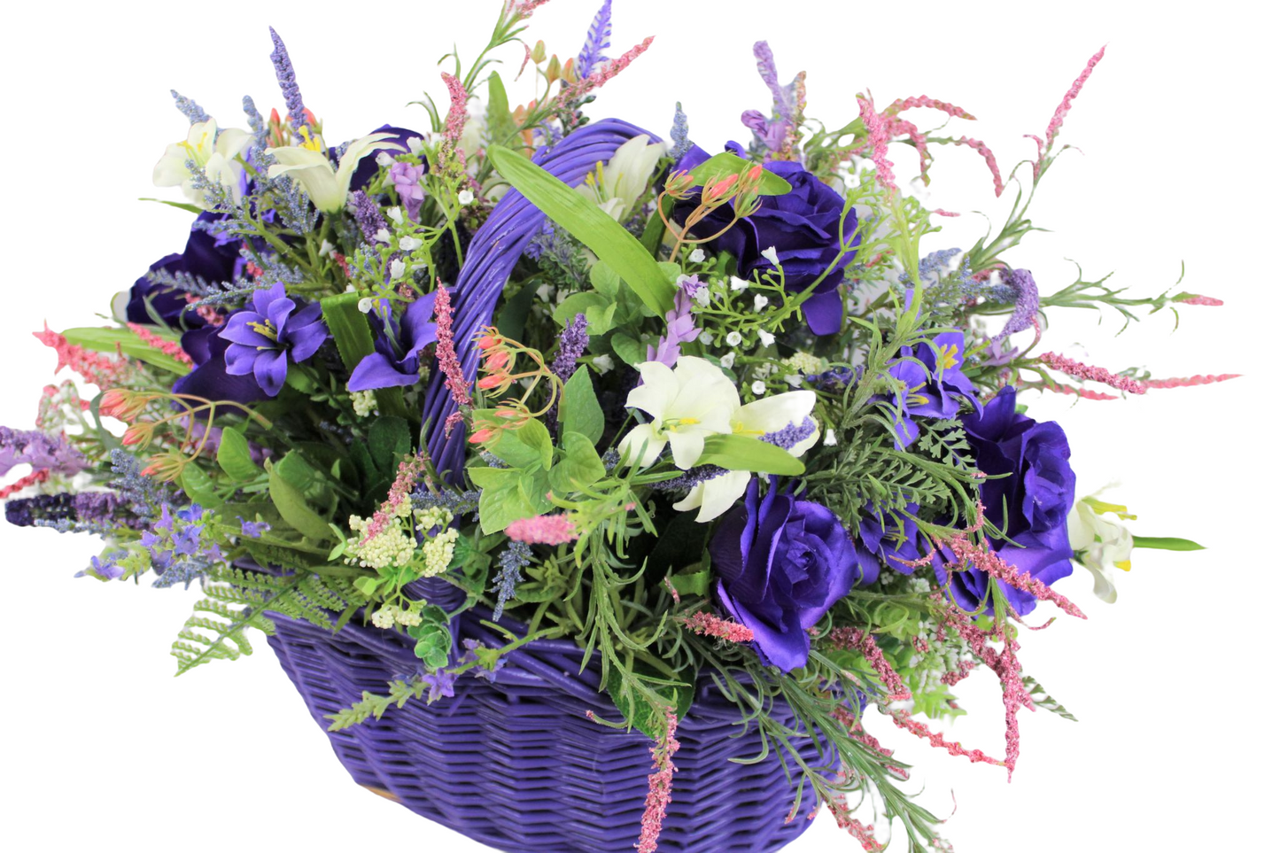 Unique Purple floral arrangement with purple roses and all kind of purple, yellow and pink bunches. (W:9"; L:12"; H:19")