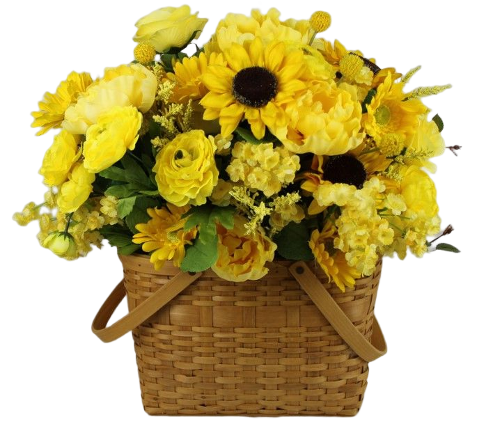 Radiant sunflowers and yellow roses in a basket of natural color. (W:7"; H:21"; L:12").