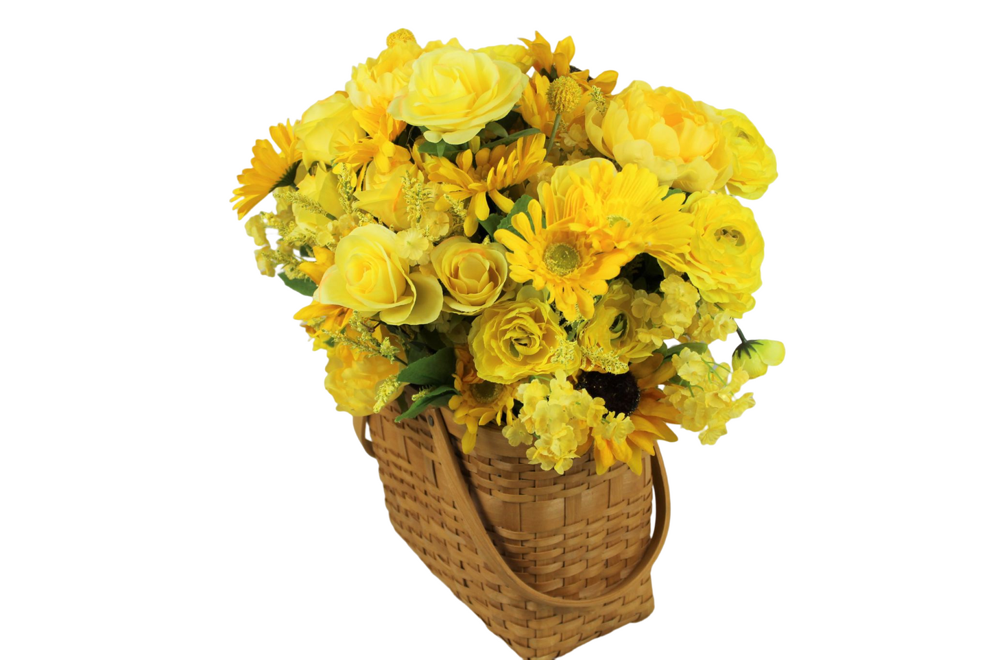 Radiant sunflowers and yellow roses in a basket of natural color. (W:7"; H:21"; L:12").