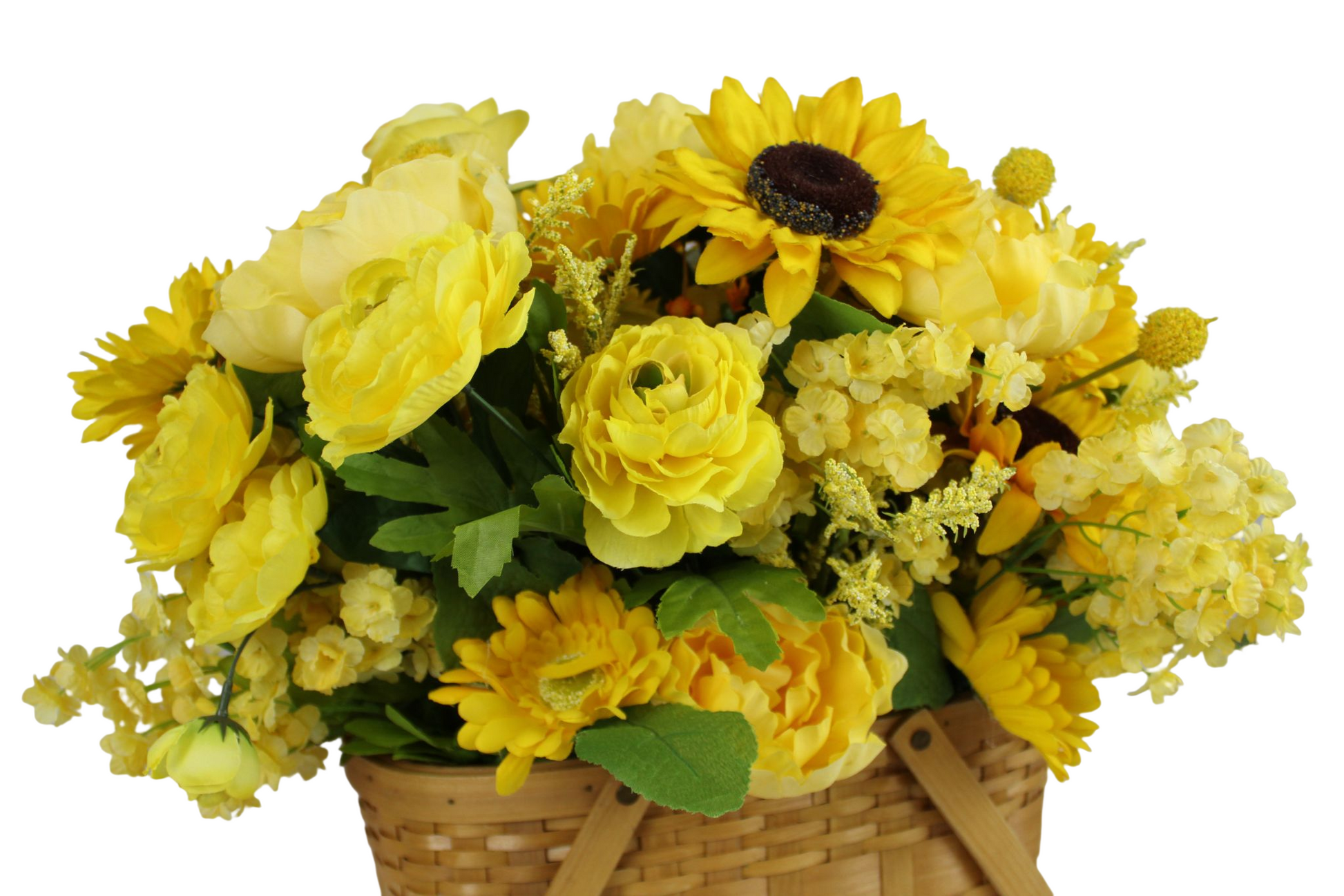 Radiant sunflowers and yellow roses in a basket of natural color. (W:7"; H:21"; L:12").