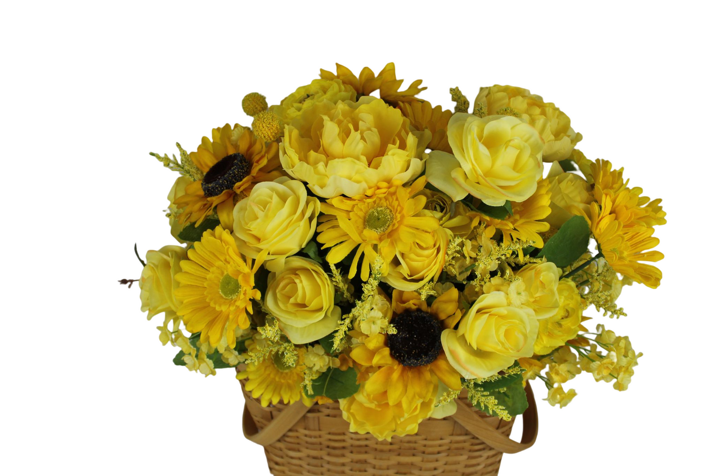 Radiant sunflowers and yellow roses in a basket of natural color. (W:7"; H:21"; L:12").