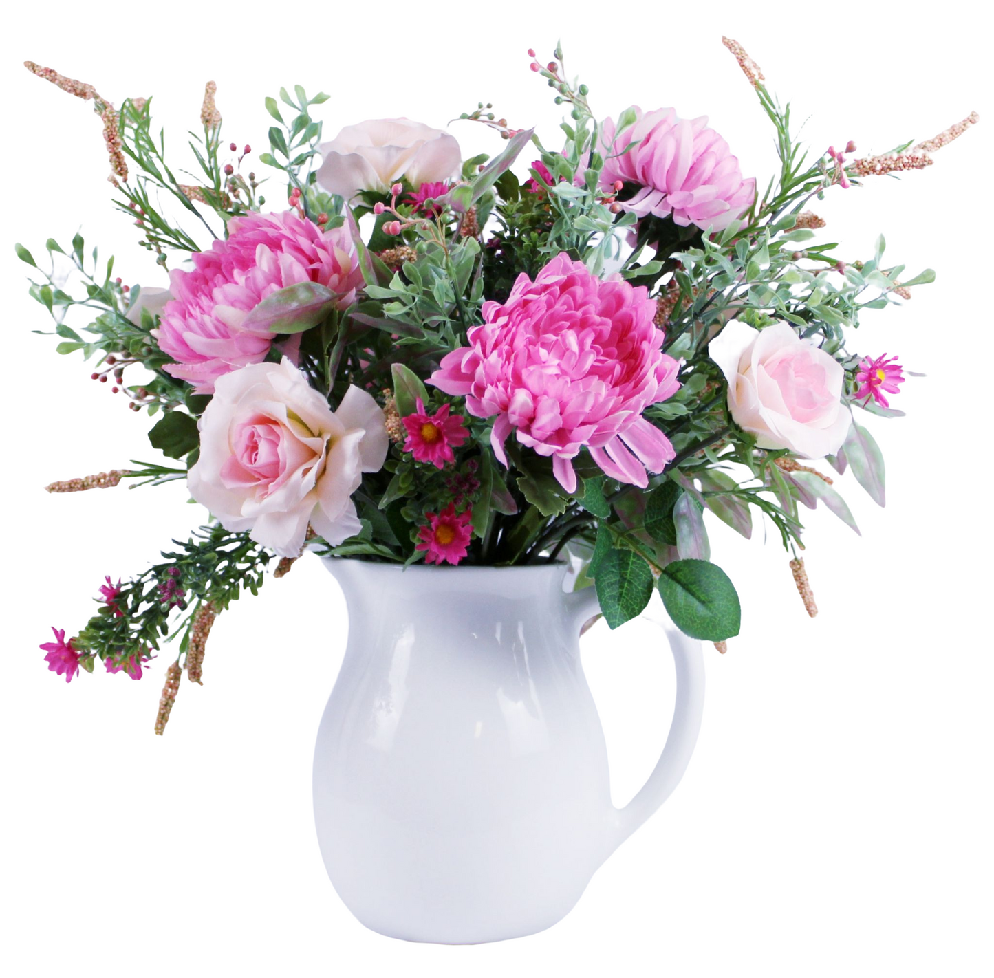 Floral arrangement in a ceramic base jar with a variety of flowers with different shades of pink. (H:21"; L:9"; W:7").