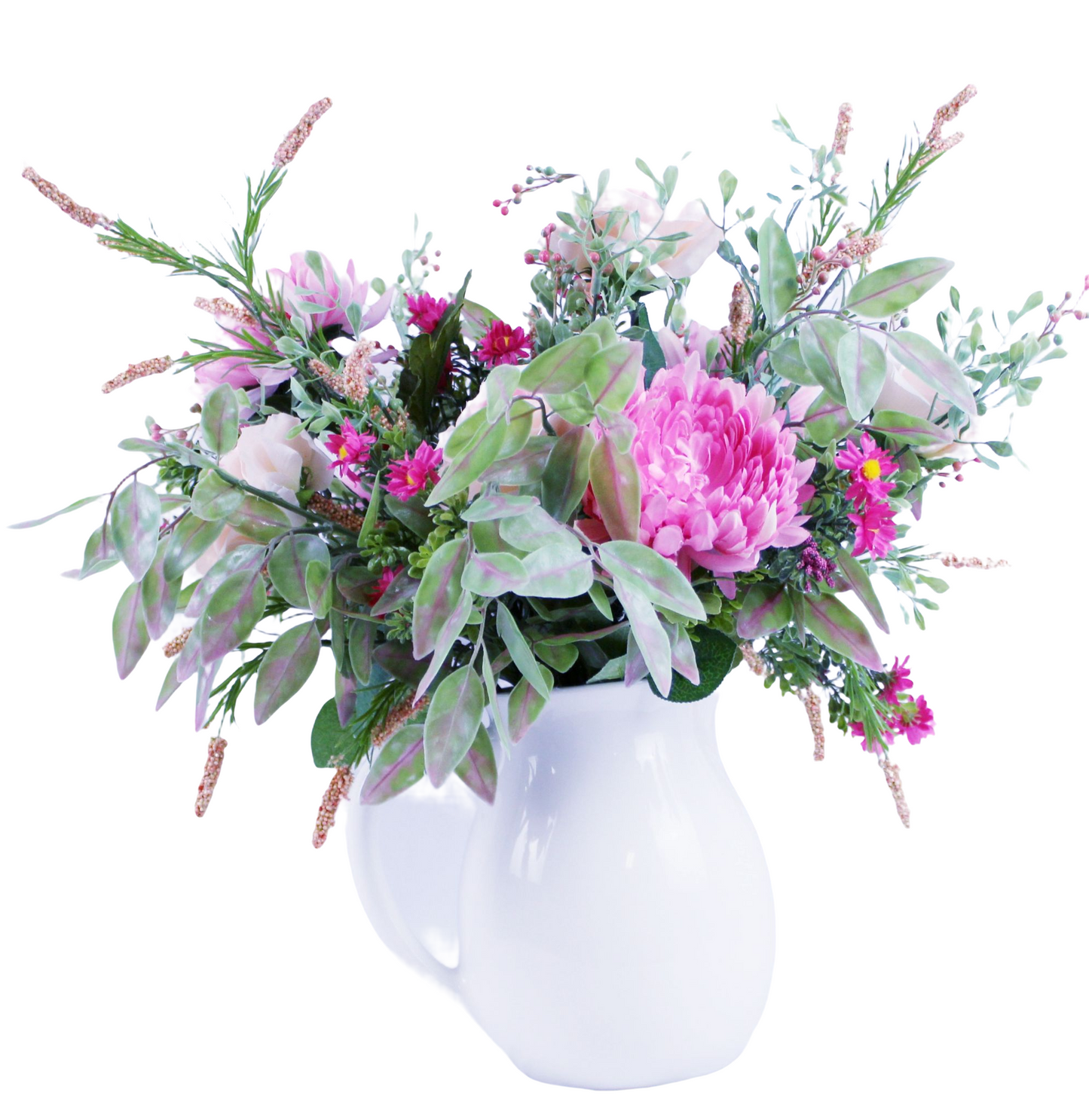 Floral arrangement in a ceramic base jar with a variety of flowers with different shades of pink. (H:21"; L:9"; W:7").