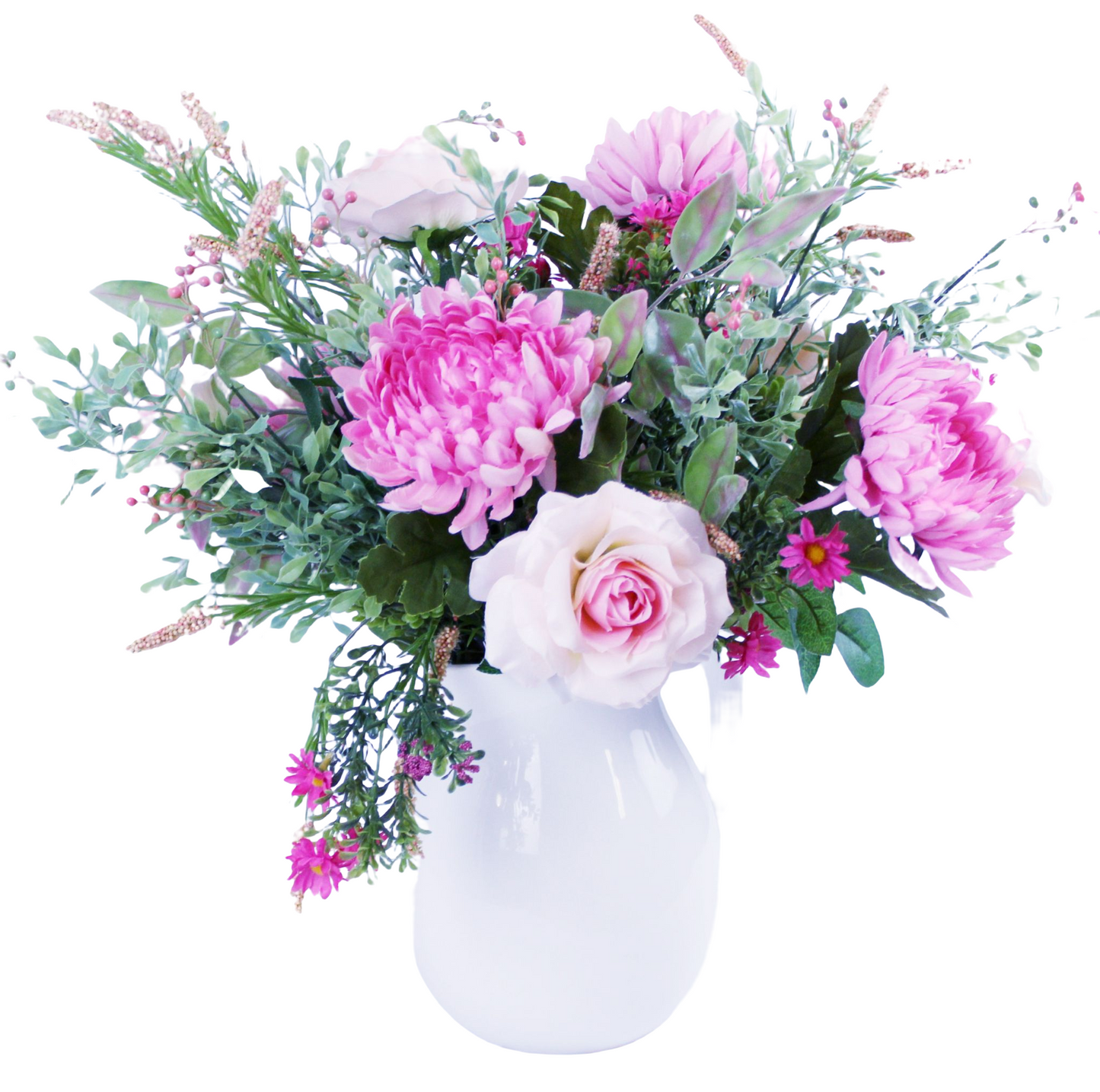 Floral arrangement in a ceramic base jar with a variety of flowers with different shades of pink. (H:21"; L:9"; W:7").